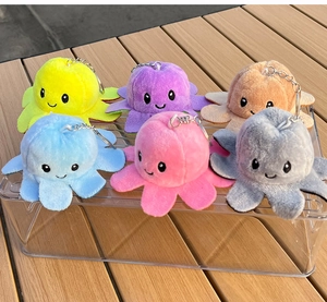 Set of six colorful plush octopus keychains in yellow purple brown blue pink and grey