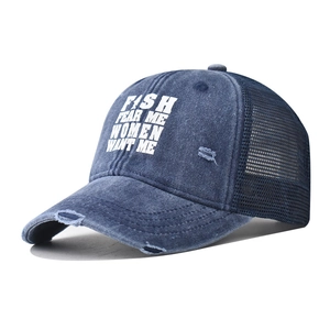 Denim blue trucker hat with Fish Fear Me slogan and distressed mesh back for outdoors