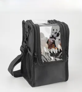 Macro detail of professional makeup brush bag with transparent PVC window and black strap