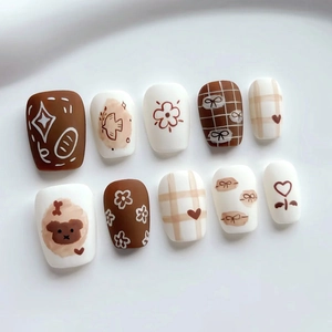 Faux Ongles Marron Blanc Ours Mignon Fleur Cœur Ruban Plaid Style Coréen Mat Ongles Artificiels Pour Femmes