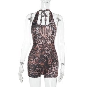 Women's summer leopard print halter jumpsuit with sexy v-neck and slim fit design