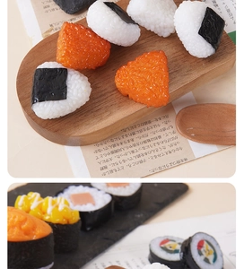Detailed macro view of realistic faux salmon nigiri and sushi rice ball food models