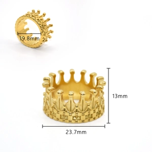 18k gold plated stainless steel crown ring with detailed dimensions and hollow design
