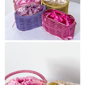 Detail of colorful beaded evening bucket bags with satin lining and drawstring closure