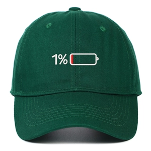 Close-up of 1% low battery embroidery on dark green cotton twill baseball cap