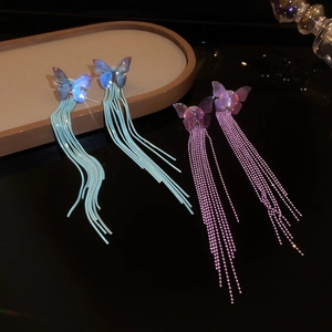 Macro detail of aurora butterfly long tassel earrings with vibrant iridescent wings