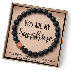 Volcanic stone and sunstone elastic bracelet with YOU ARE MY SUNSHINE gift card and box