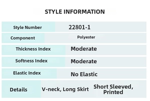 Detaillierte Tabelle mit Polyester-Stoffinfos und V-Ausschnitt Blumen-Maxikleid Details
