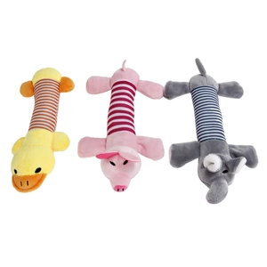 Three long plush dog toys featuring yellow duck, pink pig, and gray elephant with striped fabric