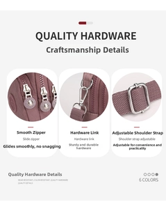 Detail of durable hardware on purple nylon crossbody bag with smooth engraved zipper