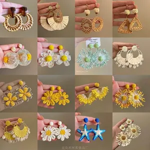 Orecchini In Paglia Intrecciata Con Fiori Stile Boho Vacanze Mare Gioielli In Lega Fatti A Mano Con Perno In Argento Per Donne