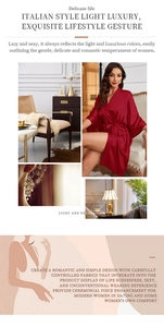 Close-up of wine red satin bathrobe fabric texture and elegant lace sleeve detailing