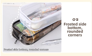 Detail view of transparent PVC pencil bags showing spacious interior for stationery storage