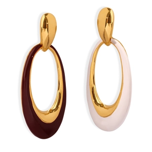 Vintage hollow oval drop earrings in gold brass with burgundy and white enamel finish