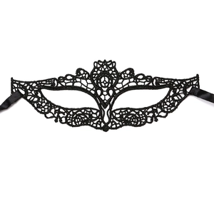Macro shot of detailed black lace eye mask with intricate floral patterns and silk ribbons
