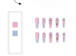 Macro detail of long coffin false nails with pink and blue colors and rainbow rhinestones