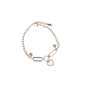 Rose gold stainless steel link bracelet with hollow heart pendant and white rhinestones