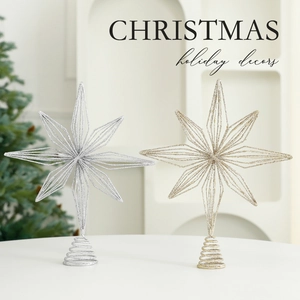 Champagne gold and silver glittered star tree toppers with spiral base for Christmas decor