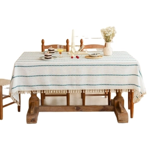 Vintage green embroidery rectangular tablecloth with tassels and striped patterns