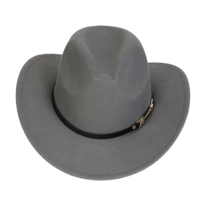 Detail shot of the medium grey wool cowboy hat with black band and gold buckle