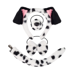 4-piece plush dalmatian costume set with ears headband, nose, bow tie, and long tail