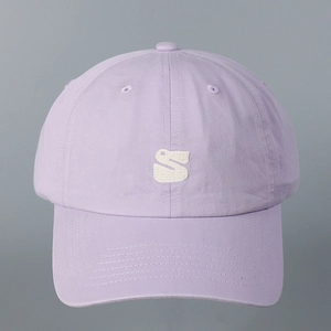 Detail of embroidered white S-logo on light purple cotton baseball cap with ventilation holes