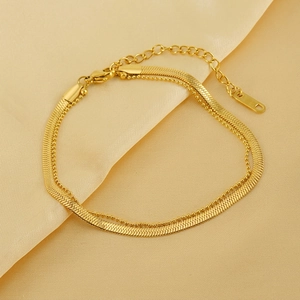 Zweilagiges Fußkettchen Aus Edelstahl Für Damen 18K Vergoldet Schlangenknochen Und Perlenkette Minimalistischer Schmuck