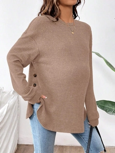 Brown long sleeve maternity knit top with ribbed texture and side button details