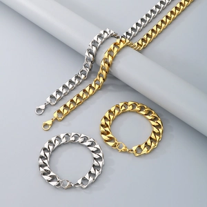 Polished gold and silver stainless steel Cuban link necklaces and bracelets set