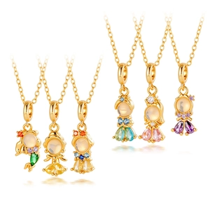 Colorful mermaid princess pendant necklaces with zircon crystals on gold chains