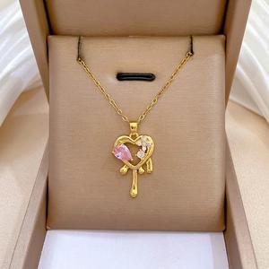 Melting Heart Pendant Necklace Gold Plated Stainless Steel Chain And Copper With Pink Cubic Zirconia Elegant Jewelry