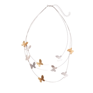 Three-layer butterfly necklace with mixed gold and silver pendants in minimalist metal style