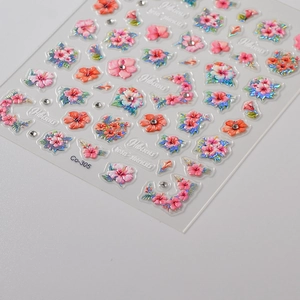 Stickers à ongles 3D relief fleur d'hibiscus avec contours holographiques Co-305