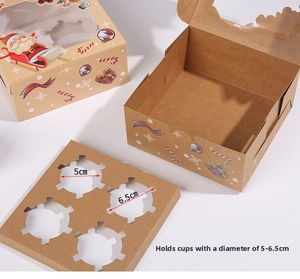 Detail of 4-slot Christmas cupcake box in kraft paper with clear window and inserts