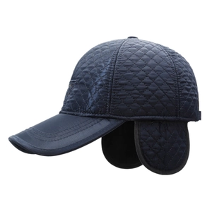 Men's quilted winter baseball cap with ear flaps in navy blue windproof fabric