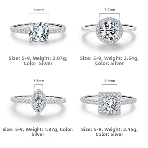 Detailed specs of S925 silver rings with cushion, round, marquise and square cut zircons