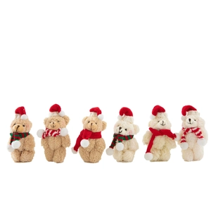 Set of six Christmas teddy bears with red knitted hats and scarves on white background