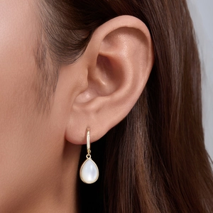 S925 sterling silver teardrop white shell earrings in gold on model's ear