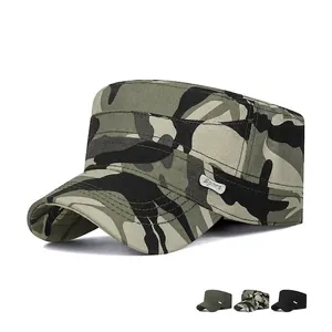 Cadet Cap Flat Top Military Hat Cotton Breathable Adjustable Outdoor Sport Metal Label Camouflage Sun Protection