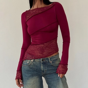 Women Sexy Slim Fit T-Shirt Long Sleeve Round Neck Polyester With Irregular Lace Patchwork See Through Fashion Top