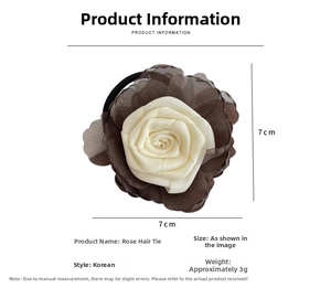 Detail of 3D chiffon rose hair tie in beige and taupe layers with elastic band