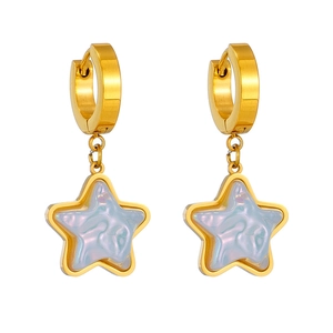 Elegant gold hoop earrings with star pendants featuring iridescent pearlescent resin centers