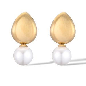 Minimalist 18K gold-plated teardrop earrings with white pearls on a clean white background