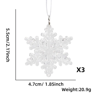 Clear acrylic Christmas snowflake ornaments with dimension and weight details shown