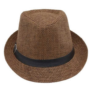 Close-up of dark brown straw fedora hat featuring a black leather band with silver buckle