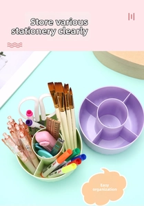 Five-compartment rotating desk organizer for stationery shown from a 45-degree angle