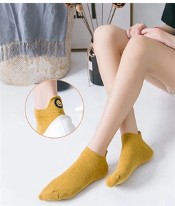 Detail view of yellow cotton low cut socks with cute bear embroidery on the heel