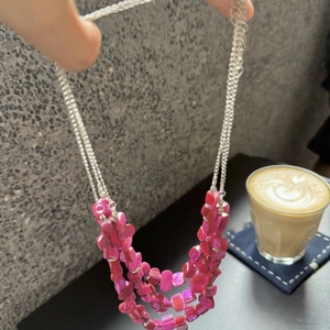 Bohemian multi-layer necklace with gradient pink shell beads on silver chain