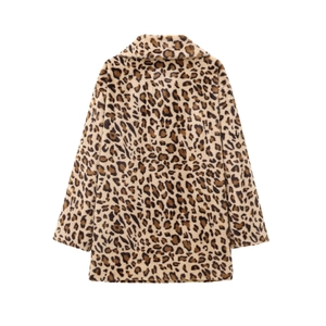 Back view of women's loose faux fur leopard print coat with large notched lapels