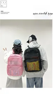 Rear view of model wearing breathable pink and black mesh backpacks for sports